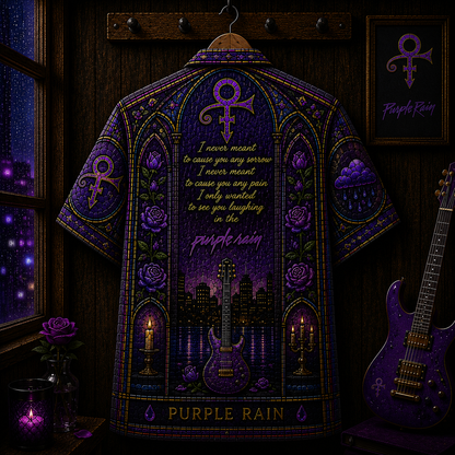 Purple Rain Hawaiian Shirt - Prince Inspired Stained Glass Button-Up Shirt Vintage Music Fan Gift