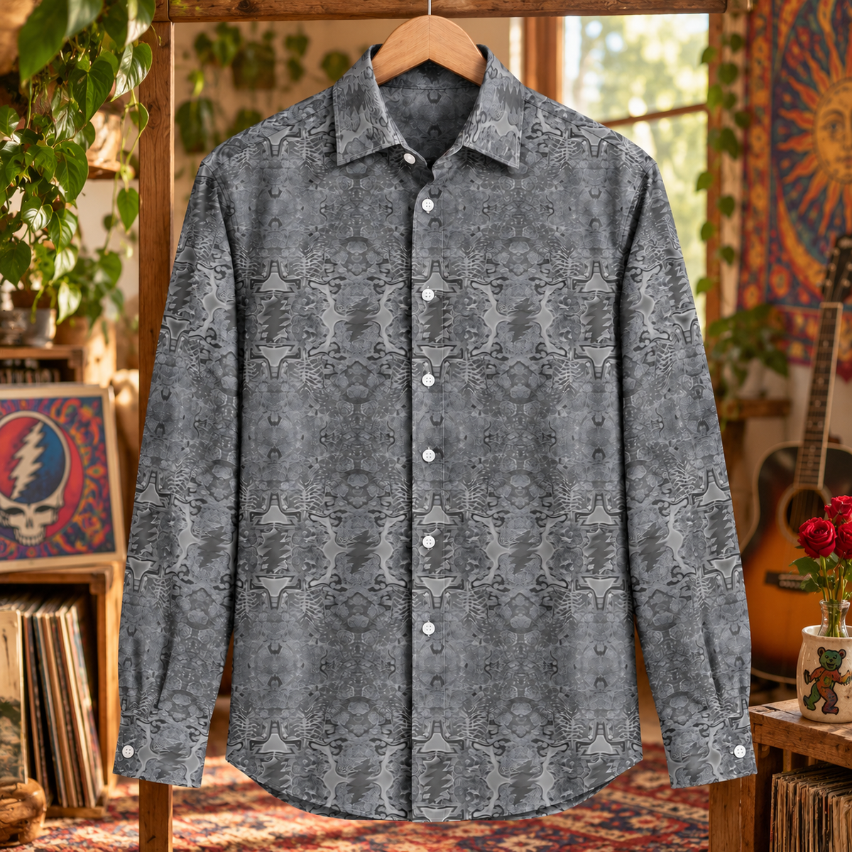 Grateful Dead Monochrome Long Sleeve Shirt, Grey Psychedelic Deadhead Button Up, Steal Your Face Pattern Shirt, Vintage Jam Band Apparel
