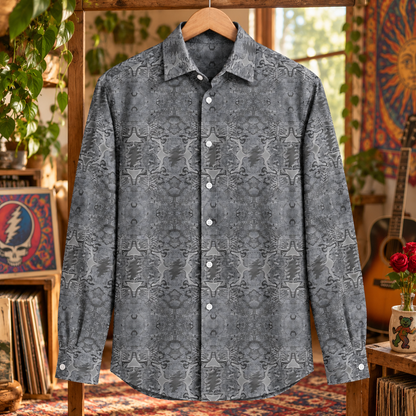 Grateful Dead Monochrome Long Sleeve Shirt, Grey Psychedelic Deadhead Button Up, Steal Your Face Pattern Shirt, Vintage Jam Band Apparel
