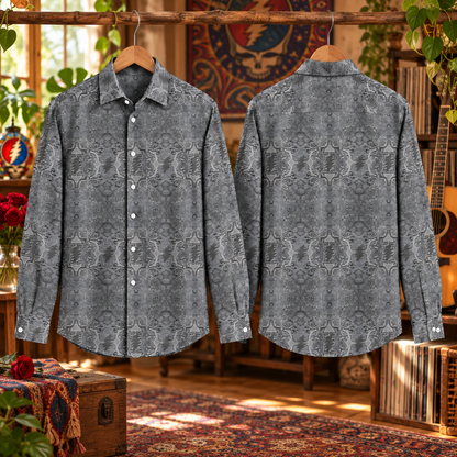 Grateful Dead Monochrome Long Sleeve Shirt, Grey Psychedelic Deadhead Button Up, Steal Your Face Pattern Shirt, Vintage Jam Band Apparel