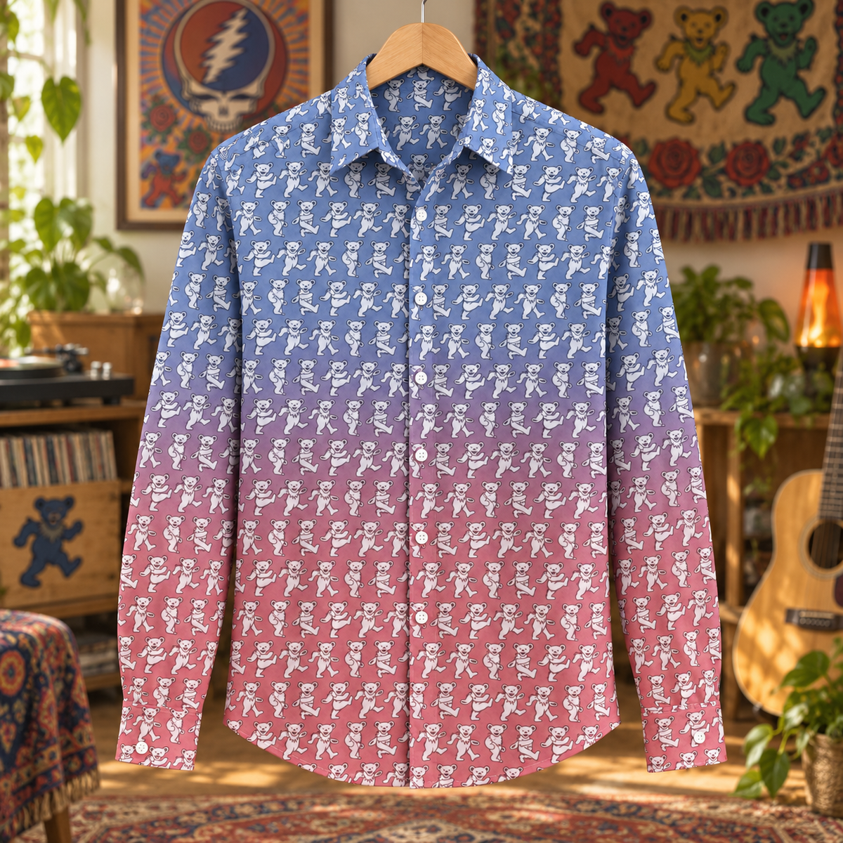 Grateful Dead Dancing Bears Ombre Long Sleeve Shirt, Blue Pink Deadhead Button Up, Psychedelic Bear Pattern Shirt, Retro Jam Band Outfit