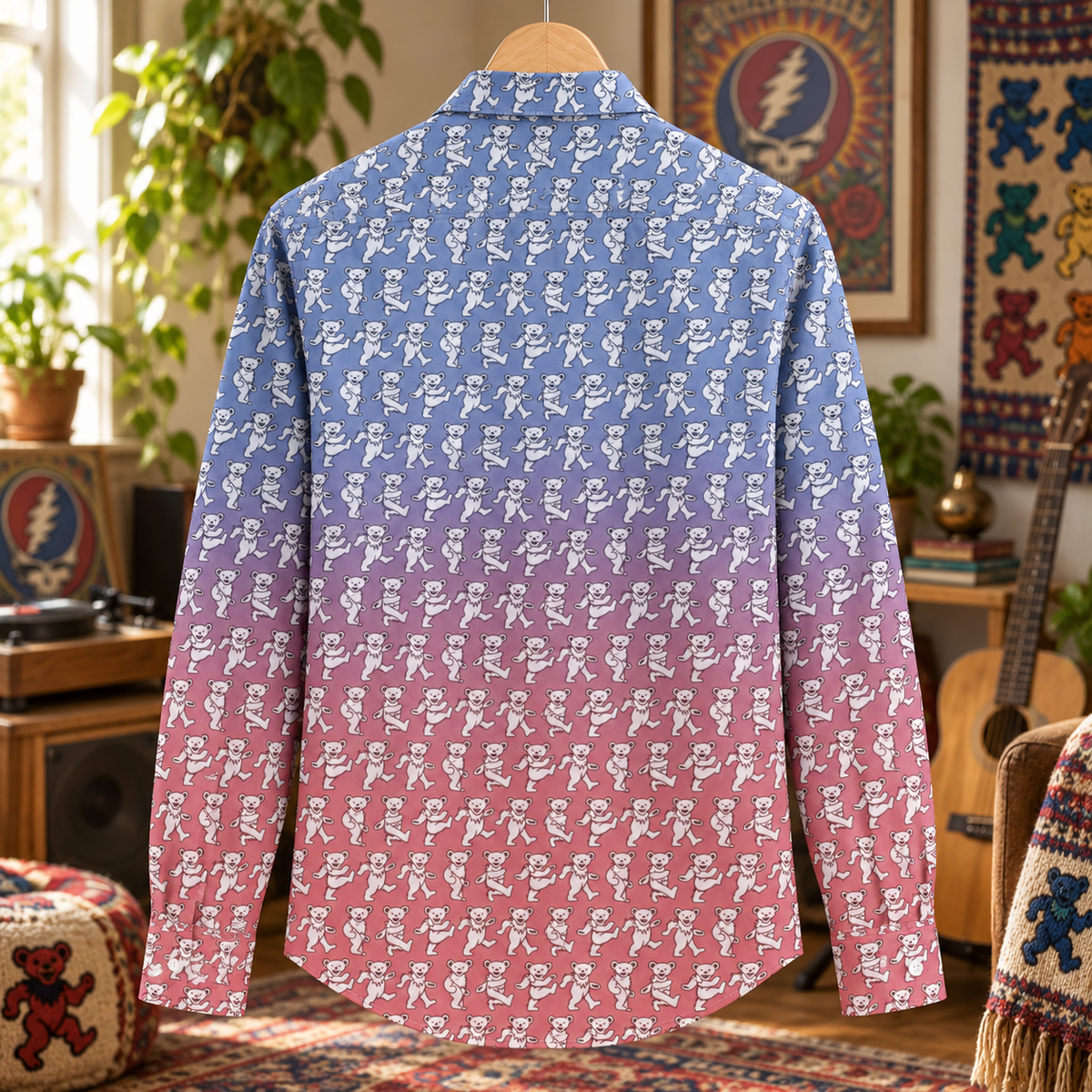 Grateful Dead Dancing Bears Ombre Long Sleeve Shirt, Blue Pink Deadhead Button Up, Psychedelic Bear Pattern Shirt, Retro Jam Band Outfit