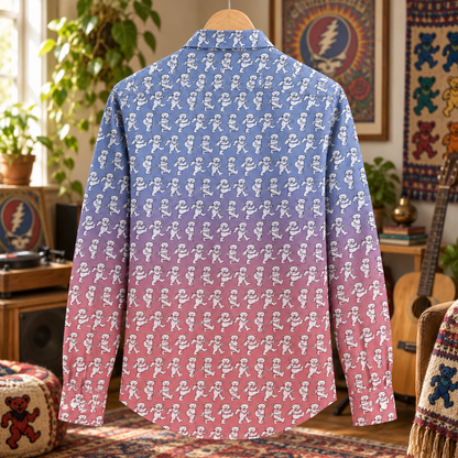Grateful Dead Dancing Bears Ombre Long Sleeve Shirt, Blue Pink Deadhead Button Up, Psychedelic Bear Pattern Shirt, Retro Jam Band Outfit