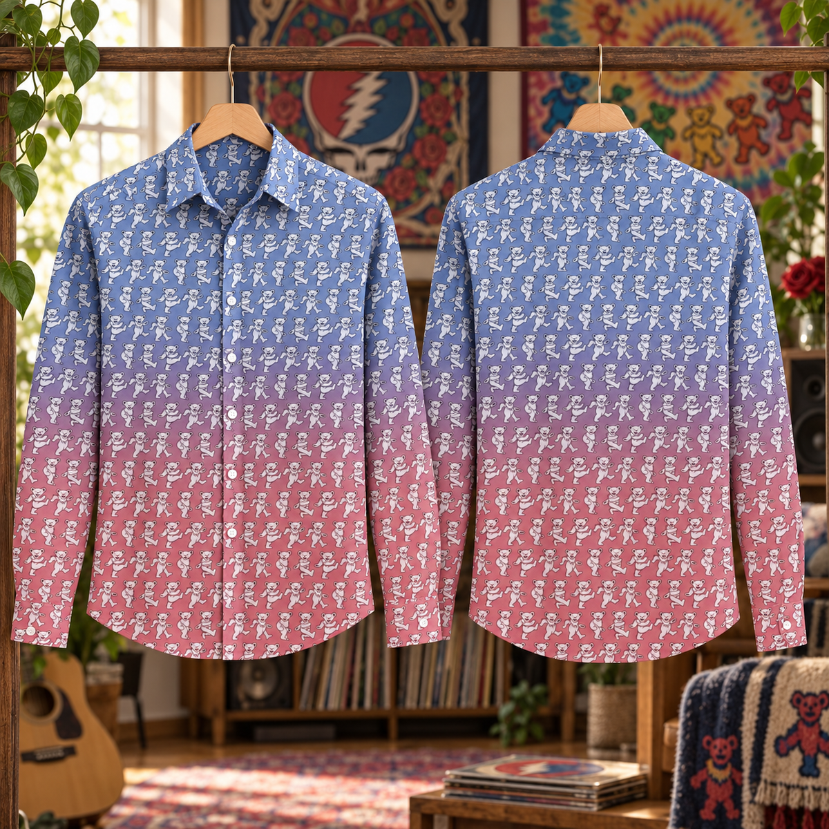 Grateful Dead Dancing Bears Ombre Long Sleeve Shirt, Blue Pink Deadhead Button Up, Psychedelic Bear Pattern Shirt, Retro Jam Band Outfit