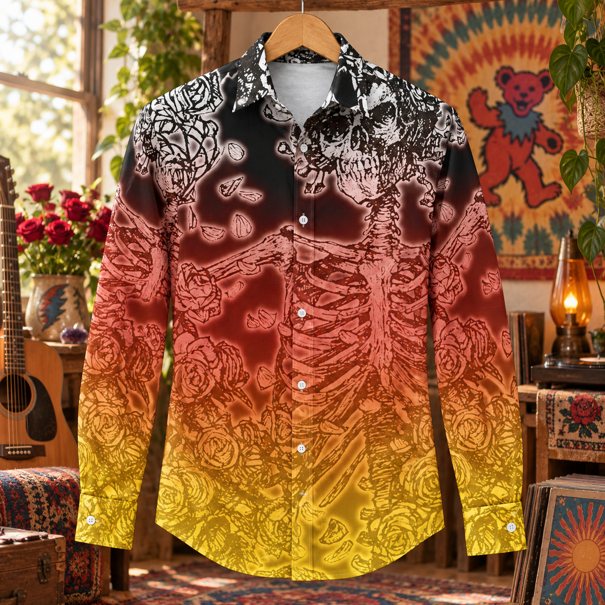 Grateful Dead Skeleton Roses Long Sleeve Shirt, Psychedelic Sunset Button Up, Deadhead Skull Floral Shirt, Vintage Jam Band Clothing