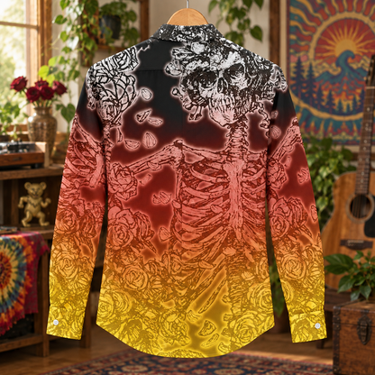 Grateful Dead Skeleton Roses Long Sleeve Shirt, Psychedelic Sunset Button Up, Deadhead Skull Floral Shirt, Vintage Jam Band Clothing