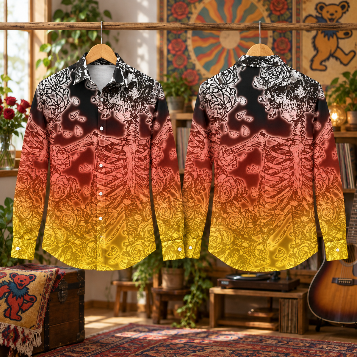 Grateful Dead Skeleton Roses Long Sleeve Shirt, Psychedelic Sunset Button Up, Deadhead Skull Floral Shirt, Vintage Jam Band Clothing