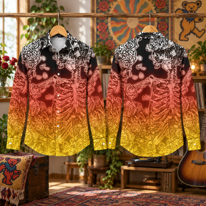Grateful Dead Skeleton Roses Long Sleeve Shirt, Psychedelic Sunset Button Up, Deadhead Skull Floral Shirt, Vintage Jam Band Clothing