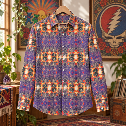 Grateful Dead Psychedelic Long Sleeve Shirt, Steal Your Face Lightning Bolt Button Up, Skeleton Pattern Deadhead Shirt, Retro Jam Band Gift
