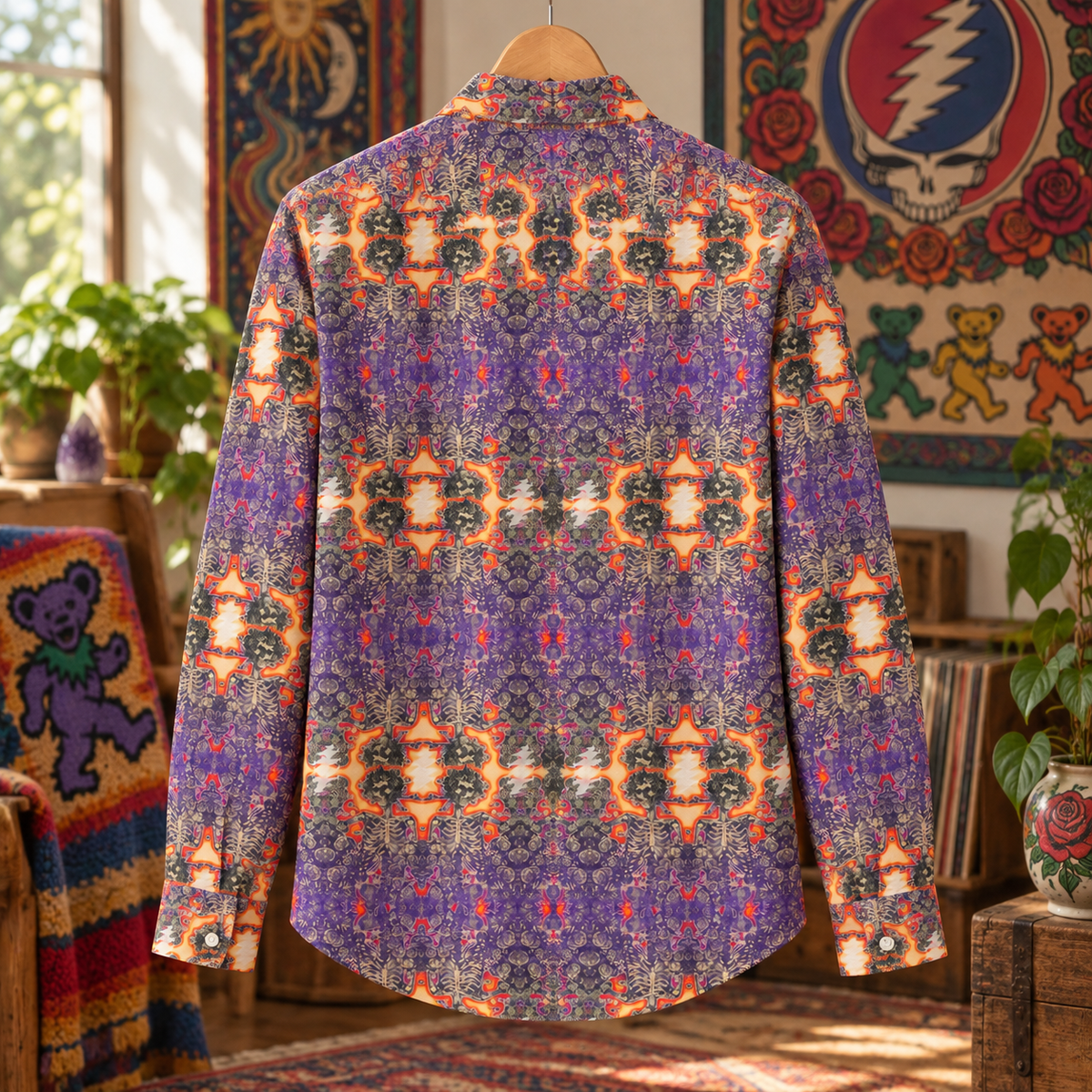 Grateful Dead Psychedelic Long Sleeve Shirt, Steal Your Face Lightning Bolt Button Up, Skeleton Pattern Deadhead Shirt, Retro Jam Band Gift