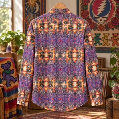 Grateful Dead Psychedelic Long Sleeve Shirt, Steal Your Face Lightning Bolt Button Up, Skeleton Pattern Deadhead Shirt, Retro Jam Band Gift