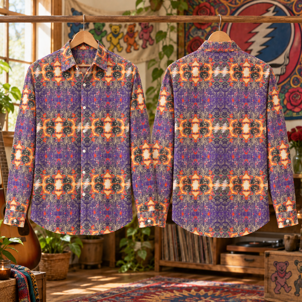 Grateful Dead Psychedelic Long Sleeve Shirt, Steal Your Face Lightning Bolt Button Up, Skeleton Pattern Deadhead Shirt, Retro Jam Band Gift