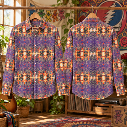 Grateful Dead Psychedelic Long Sleeve Shirt, Steal Your Face Lightning Bolt Button Up, Skeleton Pattern Deadhead Shirt, Retro Jam Band Gift