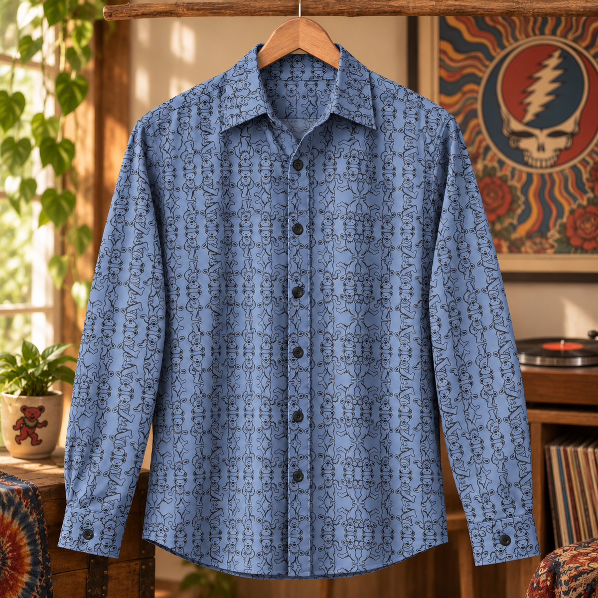 Grateful Dead Dancing Bears Long Sleeve Shirt, Blue Psychedelic Button Up, Deadhead All Over Print Shirt, Retro Jam Band Gift