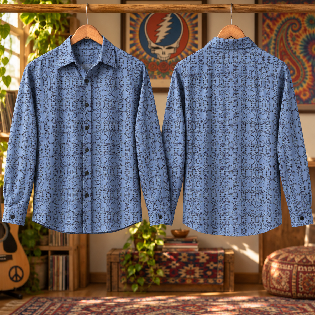 Grateful Dead Dancing Bears Long Sleeve Shirt, Blue Psychedelic Button Up, Deadhead All Over Print Shirt, Retro Jam Band Gift