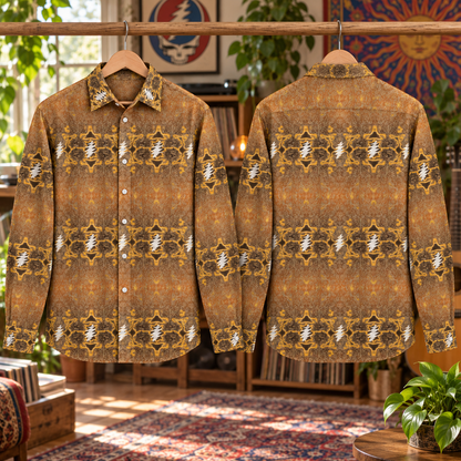 Grateful Dead Bohemian Long Sleeve Shirt, Retro Steal Your Face Lightning Bolt Button Up, Psychedelic Deadhead Pattern Shirt, Vintage Rock Band Gift