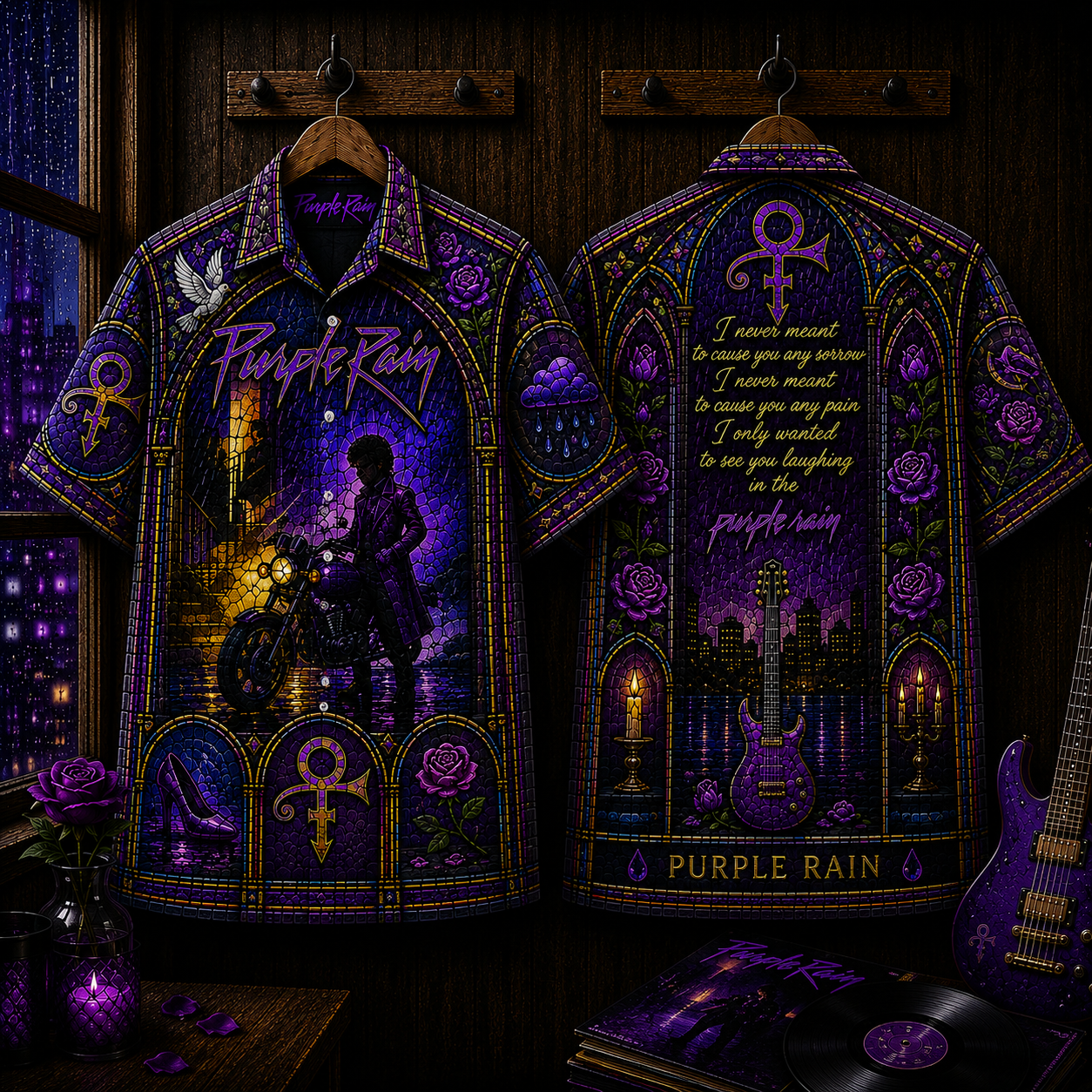 Purple Rain Hawaiian Shirt - Prince Inspired Stained Glass Button-Up Shirt Vintage Music Fan Gift