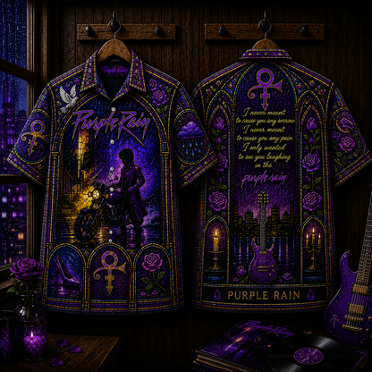 Purple Rain Hawaiian Shirt - Prince Inspired Stained Glass Button-Up Shirt Vintage Music Fan Gift