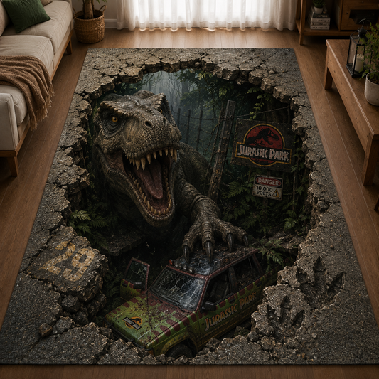 Jurassic Park T-Rex 3D Area Rug – Dinosaur Adventure Non-Slip Floor Mat for Living Room, Bedroom & Movie Room Decor