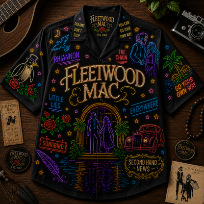 Fleetwood Mac Neon Hawaiian Shirt - Classic Rock Band All Over Print Hawaiian Shirt - Retro Music Summer Button Up Shirt
