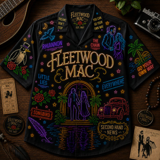 Fleetwood Mac Neon Hawaiian Shirt - Classic Rock Band All Over Print Hawaiian Shirt - Retro Music Summer Button Up Shirt