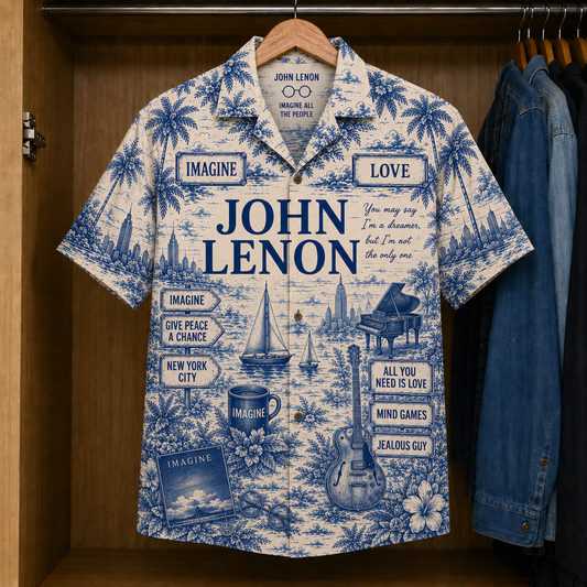 John Lennon Hawaiian Shirt – Vintage Tropical Toile Button-Up Featuring Imagine, Give Peace a Chance & New York-Inspired Artwork