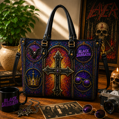 Black Sabbath Leather Handbag, Leather Tote Bag, Leather Wallet Set - Stained Glass Black Sabbath Band Fan Gift, Luxury Rock Music Accessories