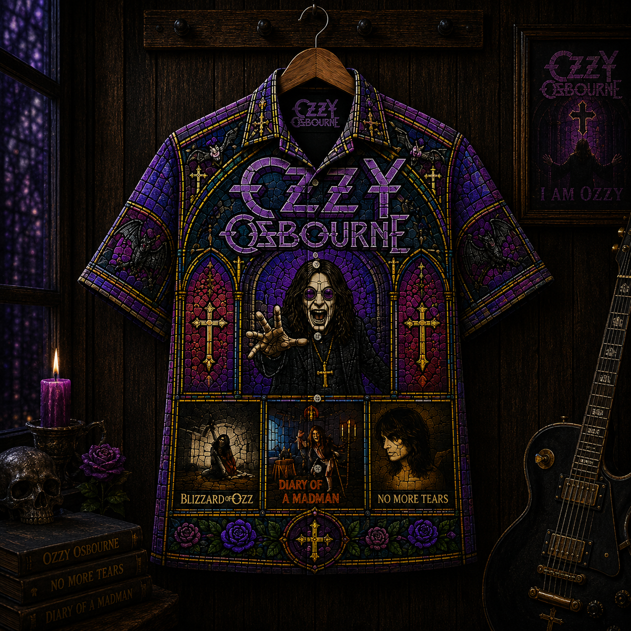 Ozzy Osbourne Hawaiian Shirt - Gothic Stained Glass Heavy Metal Button-Up Shirt Vintage Rock Fan Gift
