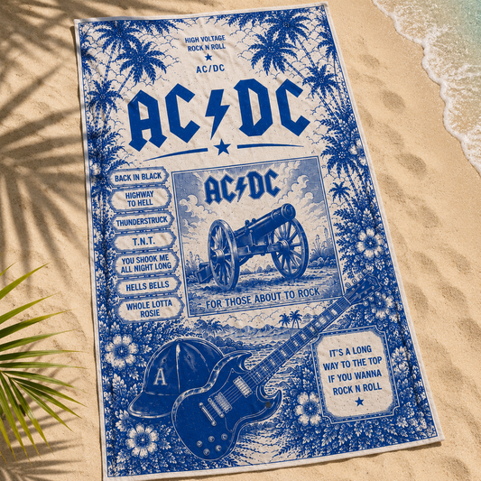 AC/DC Beach Towel - Vintage Blue Toile Rock Band Towel - AC/DC Cannon Guitar Artwork - Music Lover Beach Blanket
