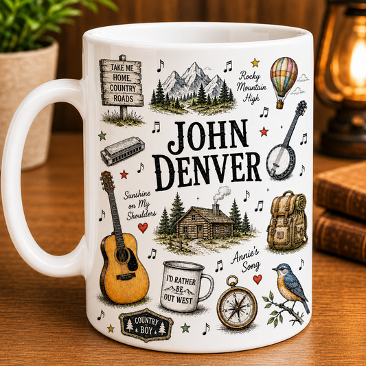 John Denver Ceramic Mug – Vintage Country Folk Coffee Mug, Rocky Mountain High Fan Gift, Take Me Home Country Roads Cup