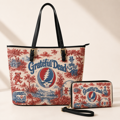 Grateful Dead Vintage Toile Leather Handbag, Leather Tote Bag, Leather Wallet Set - Luxury Rock Music Accessories