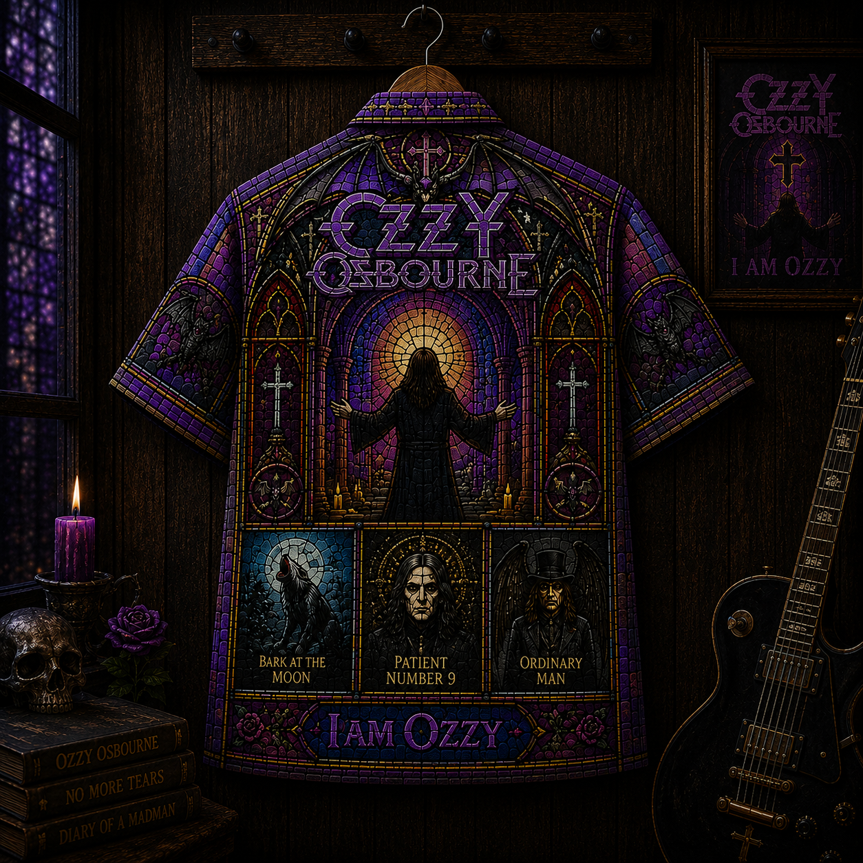 Ozzy Osbourne Hawaiian Shirt - Gothic Stained Glass Heavy Metal Button-Up Shirt Vintage Rock Fan Gift