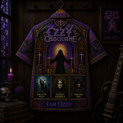Ozzy Osbourne Hawaiian Shirt - Gothic Stained Glass Heavy Metal Button-Up Shirt Vintage Rock Fan Gift