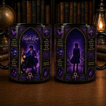 Purple Rain Stained Glass Mug, Prince-Inspired Gothic Music Coffee Cup, Purple Rock Fan Gift