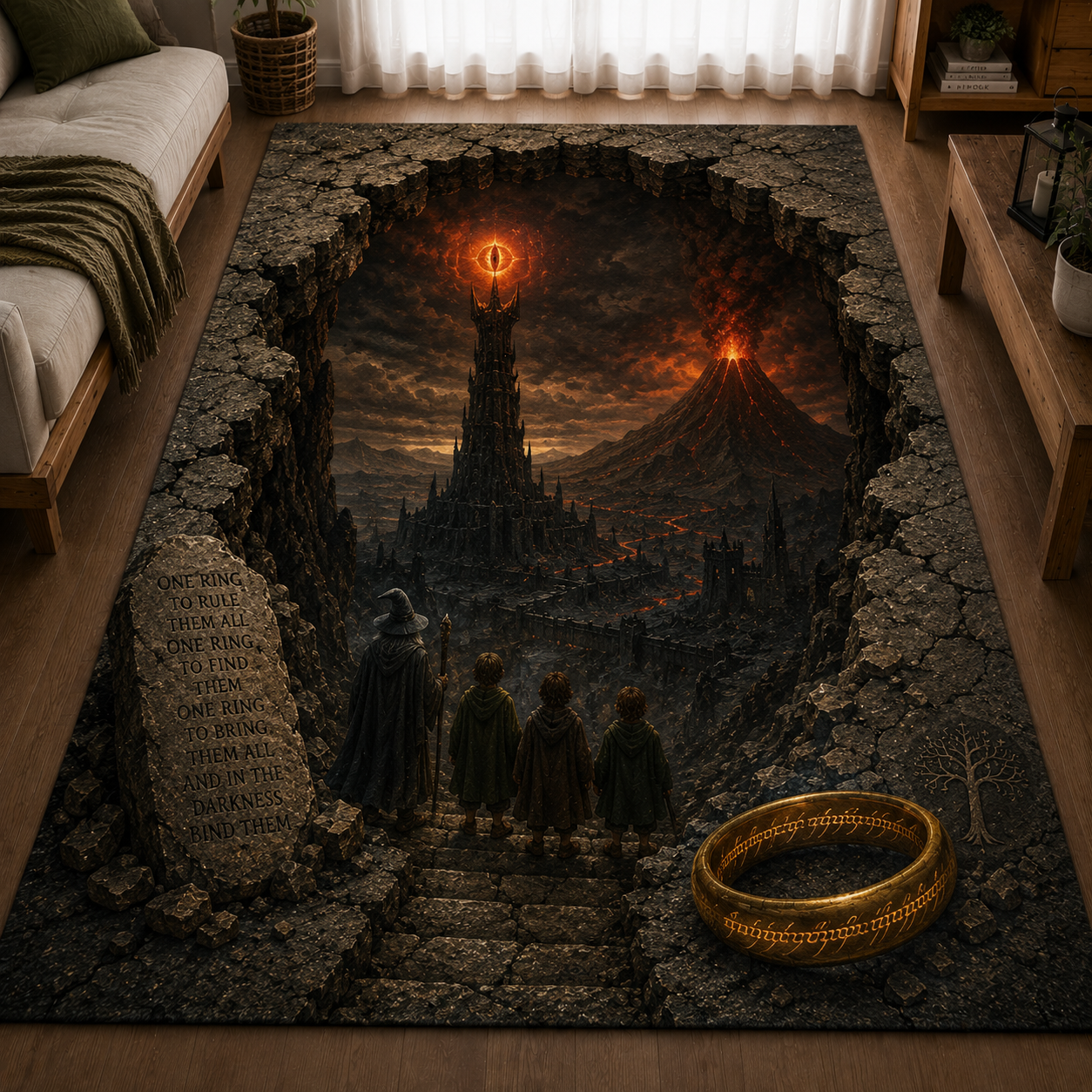 Lord of the Rings Mordor 3D Area Rug – Eye of Sauron Fantasy Non-Slip Floor Mat for Living Room, Bedroom & Movie Room Decor