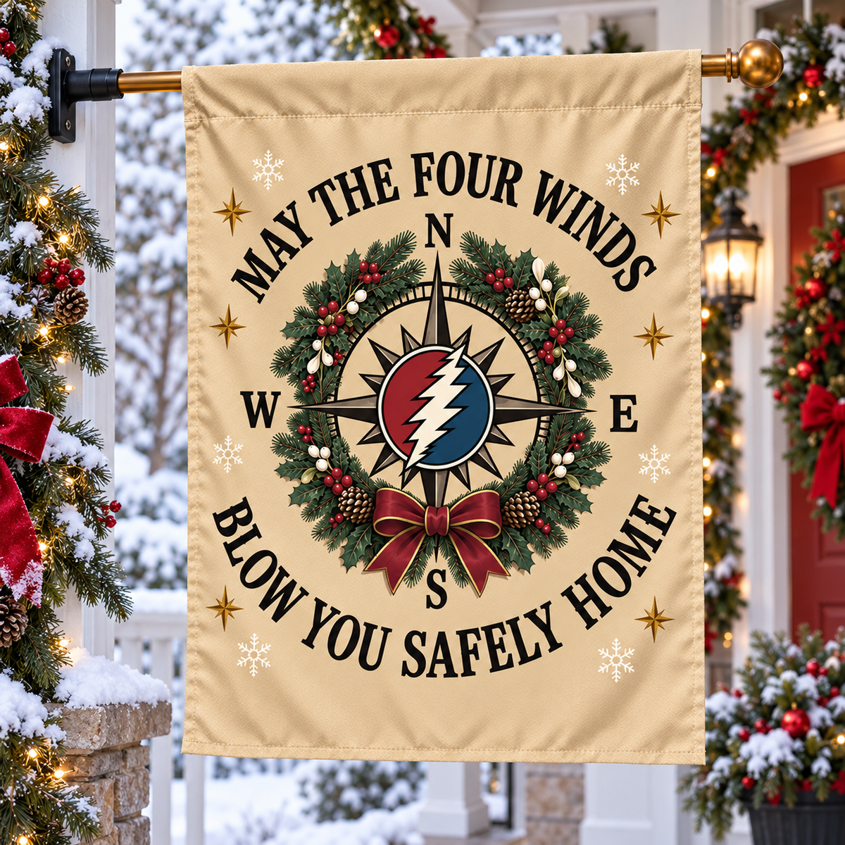 Grateful Dead Christmas House Flag, May the Four Winds Blow You Safely Home Flag, Deadhead Holiday Porch Decor