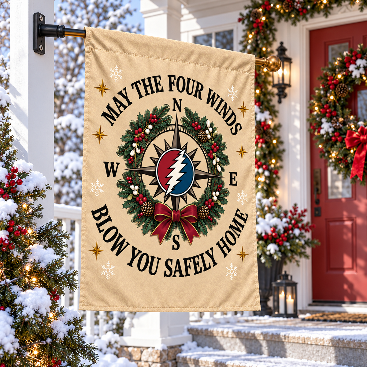 Grateful Dead Christmas House Flag, May the Four Winds Blow You Safely Home Flag, Deadhead Holiday Porch Decor