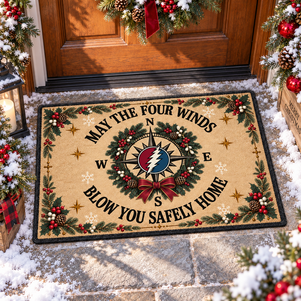 Grateful Dead Christmas Doormat, May the Four Winds Blow You Safely Home Welcome Mat, Steal Your Face Holiday Door Decor