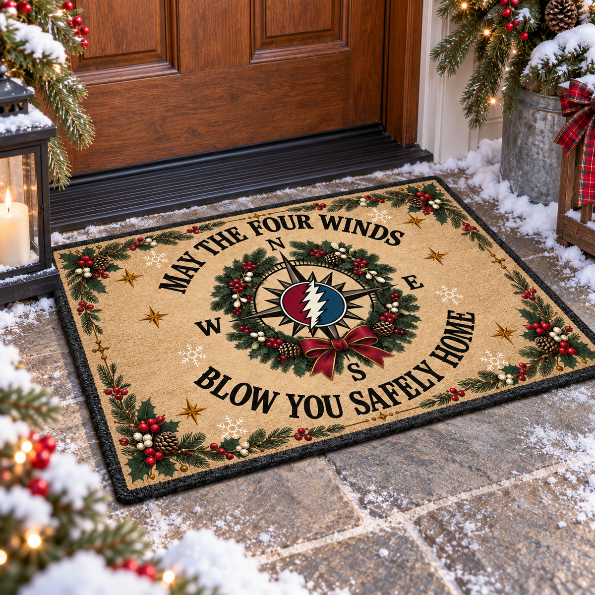 Grateful Dead Christmas Doormat, May the Four Winds Blow You Safely Home Welcome Mat, Steal Your Face Holiday Door Decor
