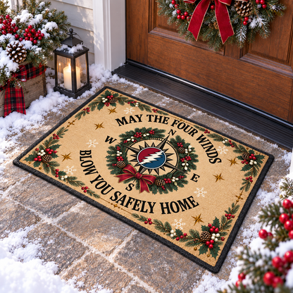 Grateful Dead Christmas Doormat, May the Four Winds Blow You Safely Home Welcome Mat, Steal Your Face Holiday Door Decor