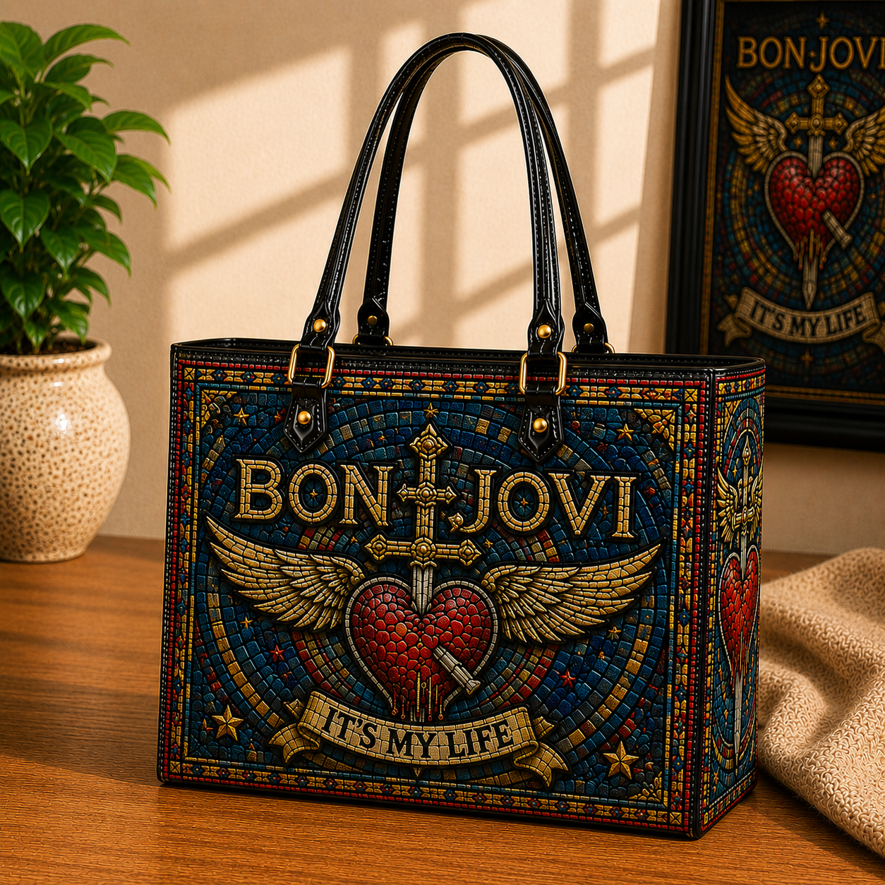 Bon Jovi Leather Handbag, Leather Tote Bag, Leather Wallet Set - Stained Glass Mosaic Bon Jovi  Band Fan Gift, Luxury Rock Music Accessories