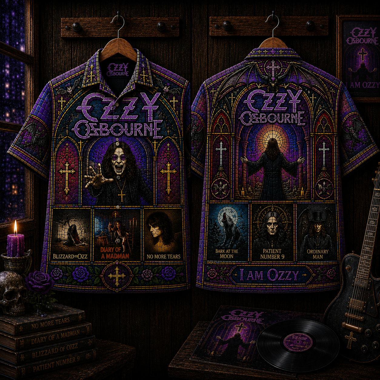 Ozzy Osbourne Hawaiian Shirt - Gothic Stained Glass Heavy Metal Button-Up Shirt Vintage Rock Fan Gift
