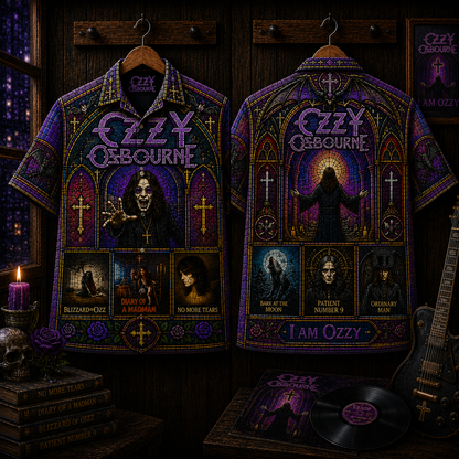 Ozzy Osbourne Hawaiian Shirt - Gothic Stained Glass Heavy Metal Button-Up Shirt Vintage Rock Fan Gift