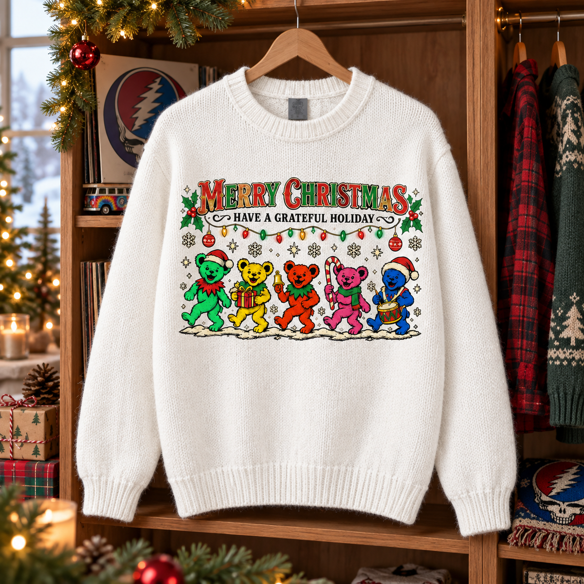 Grateful Dead Christmas Wool Sweater, Merry Christmas Dancing Bears Knit Pullover, Grateful Holiday Deadhead Xmas Crewneck
