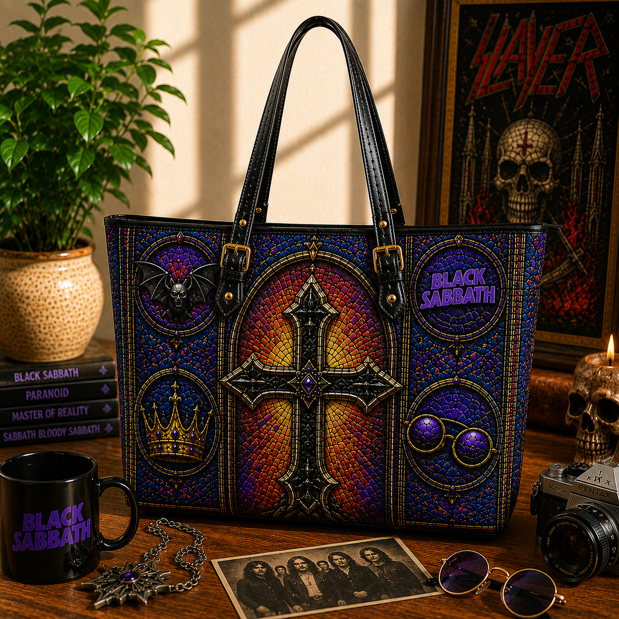 Black Sabbath Leather Handbag, Leather Tote Bag, Leather Wallet Set - Stained Glass Black Sabbath Band Fan Gift, Luxury Rock Music Accessories