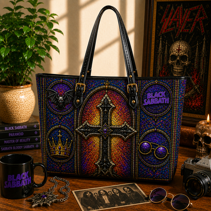 Black Sabbath Leather Handbag, Leather Tote Bag, Leather Wallet Set - Stained Glass Black Sabbath Band Fan Gift, Luxury Rock Music Accessories