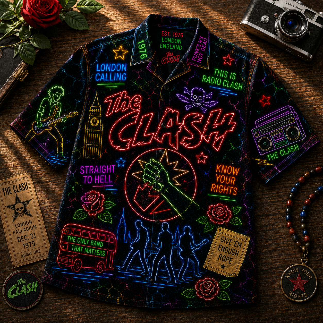 The Clash Neon Hawaiian Shirt - Punk Rock Band All Over Print Hawaiian Shirt - Retro Music Summer Button Up Shirt
