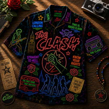 The Clash Neon Hawaiian Shirt - Punk Rock Band All Over Print Hawaiian Shirt - Retro Music Summer Button Up Shirt