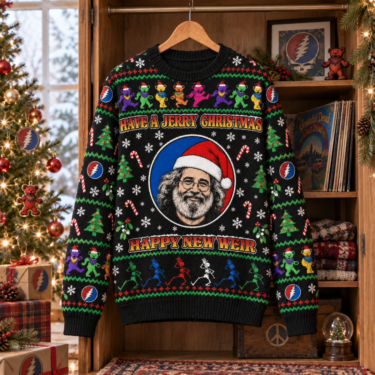 Jerry Christmas Happy New Year Sweater, Grateful Dead Jerry Garcia Holiday Knit Pullover, Deadhead Ugly Christmas Sweater