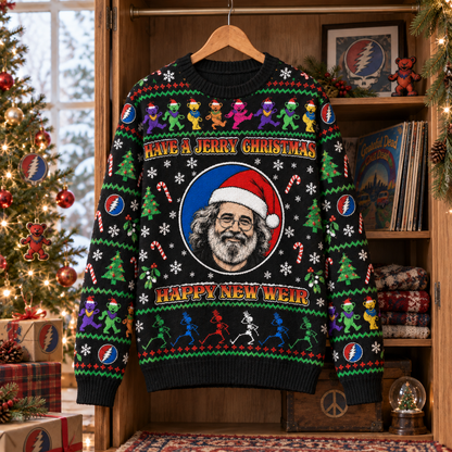 Jerry Christmas Happy New Year Sweater, Grateful Dead Jerry Garcia Holiday Knit Pullover, Deadhead Ugly Christmas Sweater